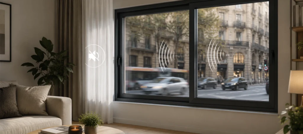 Ventanas de aluminio de alta eficiencia instaladas en una vivienda para mejorar el aislamiento acústico.